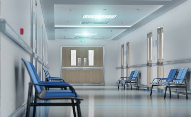 Odaları ve mavi koltukları olan uzun beyaz hastane koridoru. Boş bir kaza ve içinde parlak ışıklar olan acil bir iç mekan.