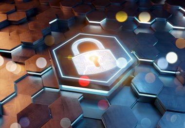 Mavi ve turuncu metal altıgen arka plana kazınmış web güvenlik simgesi konsepti. Soyut dijital yüzeyde parlayan asma kilit logosu. 3d oluşturma