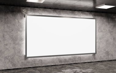 Metro Mockup 'ta büyük panoramik reklam panosu. Tren istasyonunun duvarında asılı reklamlar 3D görüntüleme