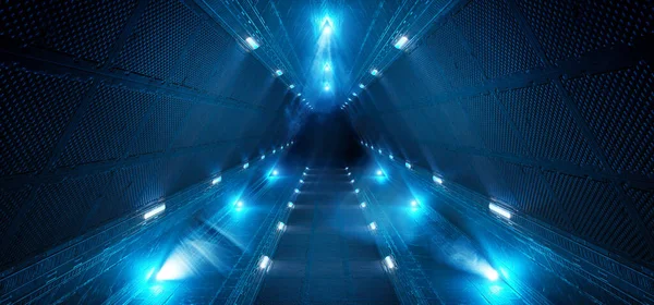 Pyramid style tunnel with lit path way. Cyber room with sci fi laser. 3d rendering. Futuristic interior corridor with blue neon lights walls. Triangle shaped spaceship background in space station
