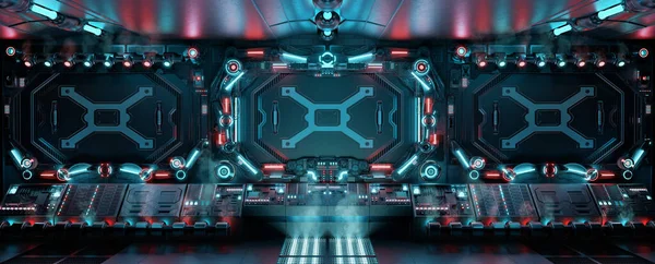 Dark spaceship interior with glowing control panels and buttons. Futuristic space station background with blue and red neon lights. 3d rendering