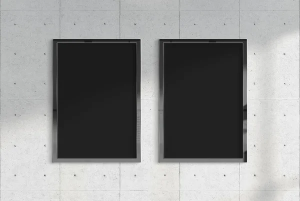 Two Billboards Hanging Sunlit Concrete Plates Wall Mockup Template Frames — Stock Photo, Image
