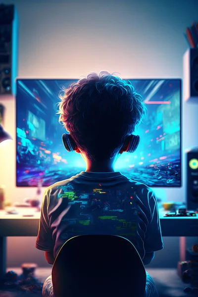 Kid playing video games in his room. Back view of a child sitting in front of a monitor. Colorful lights and cartoon style
