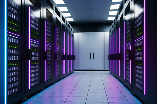 Dark servers data center room with computers and storage systems and purple blue glowing elements