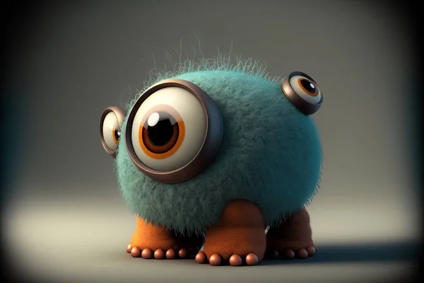 Cute monster with big glossy eyes looking like a video games character. Colorful lights and cartoon style