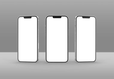 PARIS - Fransa - 15 Mart 2023: Apple akıllı telefonu, Iphone 14 profesyonel. Gümüş renkli gerçekçi 3D görüntüleme, ön ekran mobil model gölge ve gri arkaplanda yansıma