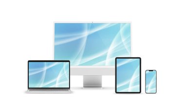 PARIS - France - April 28, 2022: Newly released Apple devices, Imac 24 desktop computer, Iphone 13 pro max mobile, Macbook laptop, Ipad tablet- 3d realistic rendering screen mockup on white background