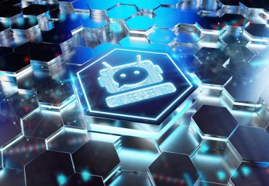 Chatbot simgesi kavramı mavi metal altıgen kaidesel arka plana kazınmış. Sohbet robotu logosu soyut dijital yüzeyde parlıyor. 3d oluşturma