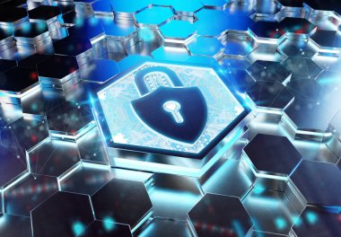 Mavi metal altıgen arka plana kazınmış web güvenlik simgesi konsepti. Soyut dijital yüzeyde parlayan asma kilit logosu. 3d oluşturma