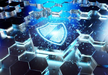 Mavi metal altıgen kaidesel arka plana kazınmış kalkan simgesi konsepti. Güvenlik logosu soyut dijital yüzeyde parlıyor. 3d oluşturma