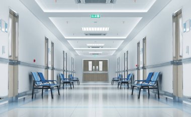 Odaları ve mavi koltukları olan uzun beyaz hastane koridoru. Boş bir kaza ve içinde parlak ışıklar olan acil bir iç mekan.