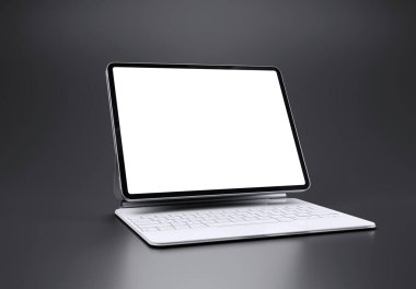 PARIS - Fransa - 15 Mart 2023: Beyaz sihirli klavyeli Apple Ipad Pro Silver rengi, - gerçekçi 3D görüntüleme, koyu arkaplanda ekran tableti modeli