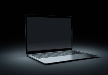 PARIS - Fransa - 15 Mart 2023: Apple Macbook Air, Silver color. Yan görüş. Koyu arkaplanda 3D dizüstü bilgisayar görüntüleme