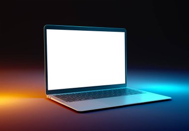 PARIS - Fransa - 15 Mart 2023: Apple Macbook Air, Silver color. Yan görüş. Koyu arkaplanda 3D dizüstü bilgisayar görüntüleme