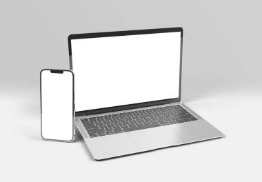 PARIS - Fransa - 15 Mart 2023: Apple Macbook Air ve Iphone 14, gümüş renkli. Yan görüş. Beyaz arkaplanda 3D dizüstü bilgisayar görüntüleme