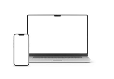 PARIS - Fransa - 15 Mart 2023: Apple Macbook Air ve Iphone 14, gümüş renkli. Yan görüş. Beyaz arkaplanda 3D dizüstü bilgisayar görüntüleme