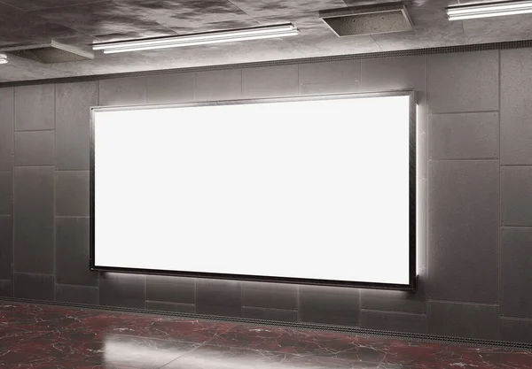 地下鉄のモックアップの大規模なパノラマビルボード 鉄道駅の壁の内部の3Dレンダリングにぶら下がっているホーディング広告 — ストック写真