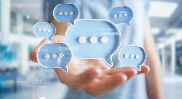 Businessman Using Digital Blue Speech Bubbles Talk Icons Minimal Conversation — Stock Photo, Image