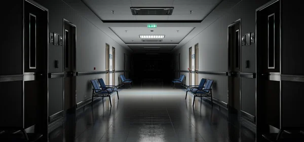 Lång Mörk Sjukhuskorridor Med Rum Och Blå Säten Rendering Töm — Stockfoto