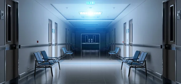 Dlouhá Tmavá Nemocniční Chodba Místnostmi Modrými Sedadly Prázdná Nehoda Nouzový — Stock fotografie