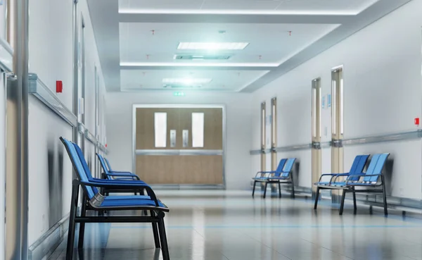 长长的白色医院走廊 房间和蓝色座位3D渲染 空空如也的事故和紧急的室内 明亮的灯光从天花板照亮了大厅 — 图库照片