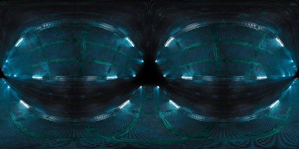 Futuristic Hdri Interior Corridor Blue Neon Lights 360 Degree Panoramic — Stock Photo, Image