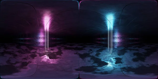 未来的なネオンライトインテリアHdri 輝くブルーピンクのチューブとサイバー格納庫の360パノラマビュー 金属パネルの壁とトンネル環境の背景は レーザー光で照らされた 3Dレンダリング — ストック写真