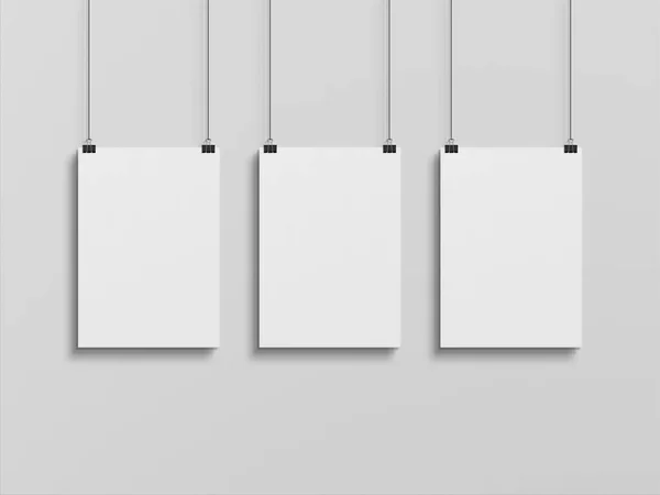 Three Blank Vertical Poster Hanging Clips White Wall Mockup Rendrering — Stock Photo, Image
