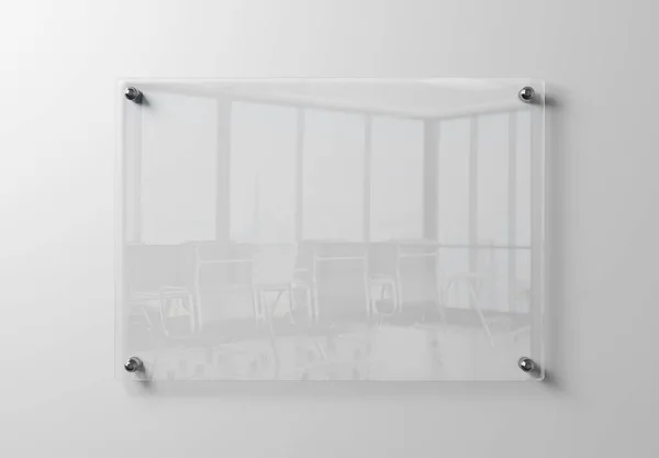 Transparent Glass Sign Plate White Wall Mockup Template Blank Plastic — Stock Photo, Image