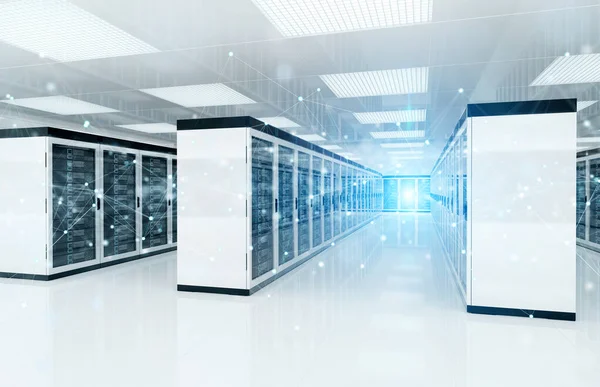 ホワイトサーバーデータセンタールームストレージシステムの接続ネットワーク3Dレンダリング — ストック写真