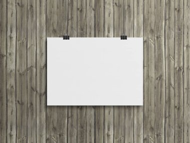 Ahşap duvarda klipslerle asılı boş yatay poster. 3B görüntüleme boşalt