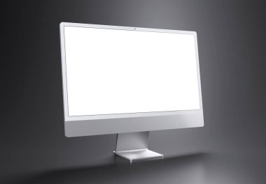 PARIS - Fransa - 15 Mart 2023: Yeni çıkan Apple Imac 24 inçlik masaüstü bilgisayarı, gümüş renk, ön görüntü - gri arkaplanda 3D ekran modeli