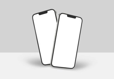 PARIS - Fransa - 15 Mart 2023: Yeni çıkan Apple Smartphone Iphone 14 profesyonel gerçekçi 3D görüntüleme - Gümüş renkli ön ekran modeli - Beyaz arka planda yüzen iki modern akıllı telefon