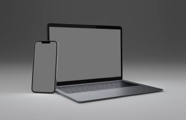 PARIS - Fransa - 28 Nisan 2022: Yeni çıkan Apple cihazları, Imac 24 masaüstü bilgisayarı, Iphone 13 profesyonel maksimum mobil, Macbook bilgisayarı, Ipad tableti - beyaz arkaplanda 3d gerçekçi ekran modelleme