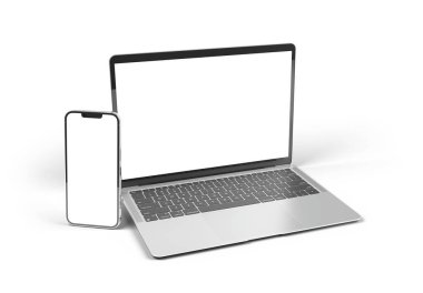 PARIS - Fransa - 15 Mart 2023: Apple Macbook Air ve Iphone 14, gümüş renkli. Yan görüş. Beyaz arkaplanda 3D dizüstü bilgisayar görüntüleme