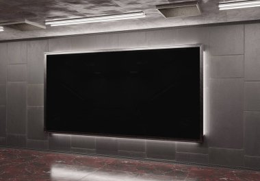 Metro Mockup 'ta büyük panoramik reklam panosu. Tren istasyonunun duvarında asılı reklamlar 3D görüntüleme