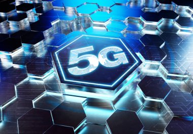 Mavi metal altıgen arka plana oyulmuş 5G simge konsepti. Soyut dijital yüzeyde parlayan kablosuz teknoloji logosu. 3d oluşturma