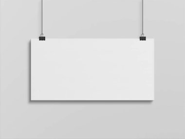 Beyaz bir duvarda klipslerle asılı boş bir yatay poster. 3B görüntüleme boşalt