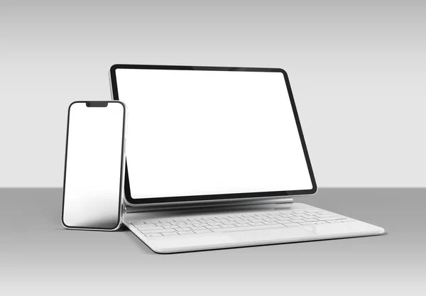 2023年3月15日 苹果Ipad Pro与白色魔法键盘和Iphone 现实的3D渲染白色背页 — 图库照片