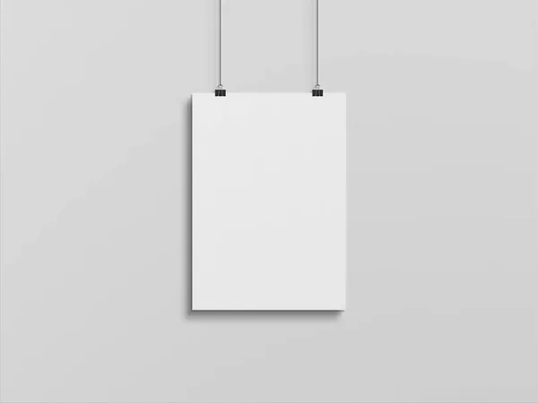 Blank Vertical Poster Hanging Clips White Wall Mockup Empty Frame — Stock Photo, Image