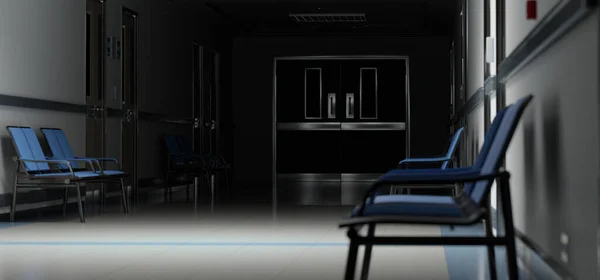 Long Dark Hospital Corridor Rooms Blue Seats Rendering Empty Accident — Stock Photo, Image