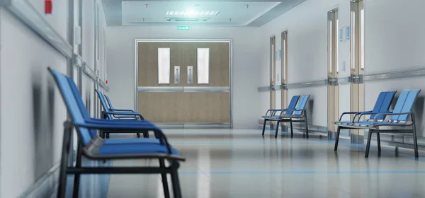 Langer Weißer Krankenhausflur Mit Räumen Und Blauen Sitzen Rendering Leere — Stockfoto