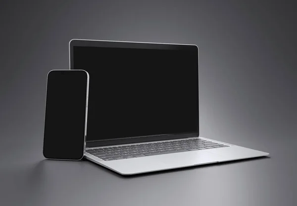 2023年3月15日 新发布Apple Macbook Air和Iphone Silver Color 侧视图 3D在灰色背景下渲染笔记本电脑屏幕模型 — 图库照片