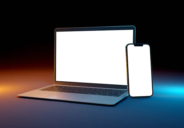 フランス 2023年3月15日 Apple Macbook AirとIphone シルバーカラーを新発売 サイドビュー 3Dレンダリングノートパソコンの画面モックアップ暗い背景に — ストック写真