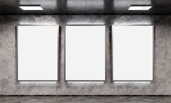 Tre Cartelloni Verticali Sul Muro Sotterraneo Della Metropolitana Mockup Trittico — Foto Stock