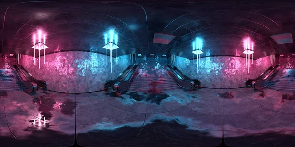 真实的地下地铁站背景 有湿透的反光楼层 带有蓝色和粉色霓虹灯和自动扶梯的未来都市内部 3D渲染 — 图库照片