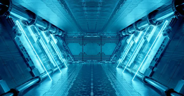 Blå Rymdskepp Interiör Med Neonljus Panelväggar Futuristisk Modern Korridor Rymdstationen — Stockfoto