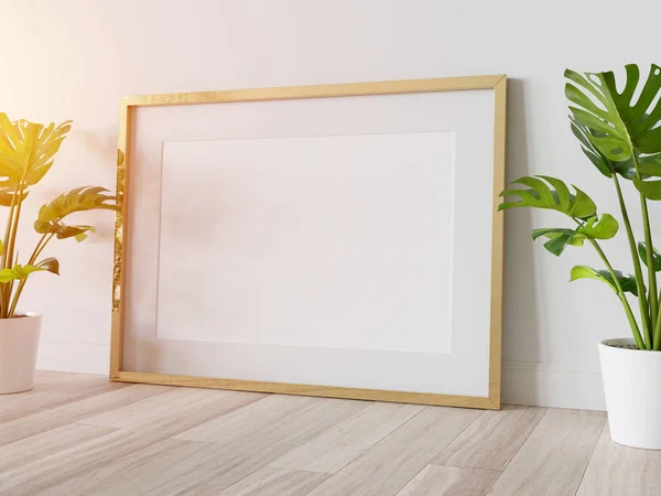 Golden Frame Leaning Floor Interior Plants Mockup Template Picture Framed — Stock Photo, Image