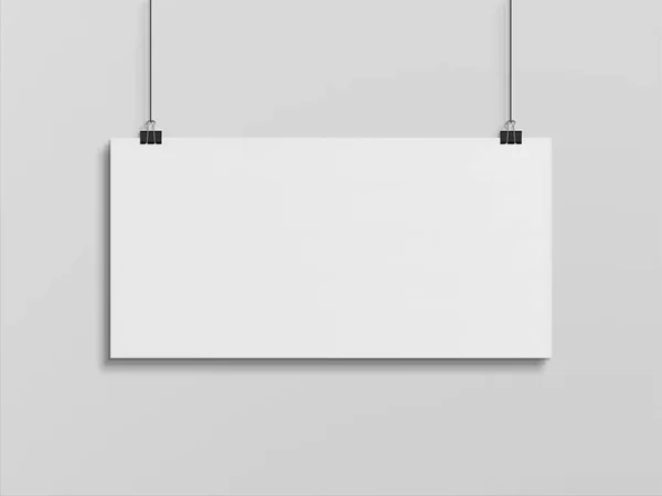 Пустой Горизонтальный Плакат Висящий Зажимами Белой Стене Пустой Рендеринг — стоковое фото