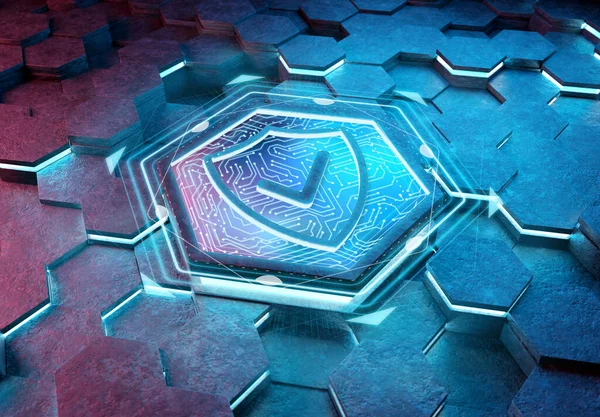 stock image Shield icon concept engraved on blue and pink metal hexagonal pedestral background. Security Logo glowing on abstract digital surface. 3d rendering